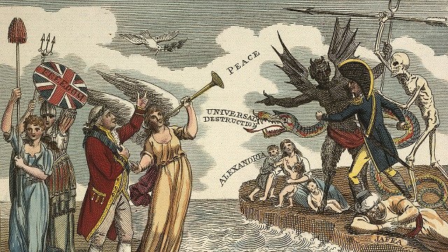 Anti-revolutionary propaganda depicts King George III surrounded by symbols of British peace and liberty, while across the channel the figure of Napoleon is stalked by poverty and ‘universal destruction’ . (Source: The British Library)