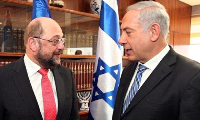 Martin Shultz, president of the European Parliament, meets with Israeli Prime Minister, Benjamin Netanyahu during his 2014 visit to Israel. (source: Guardian.co.uk)