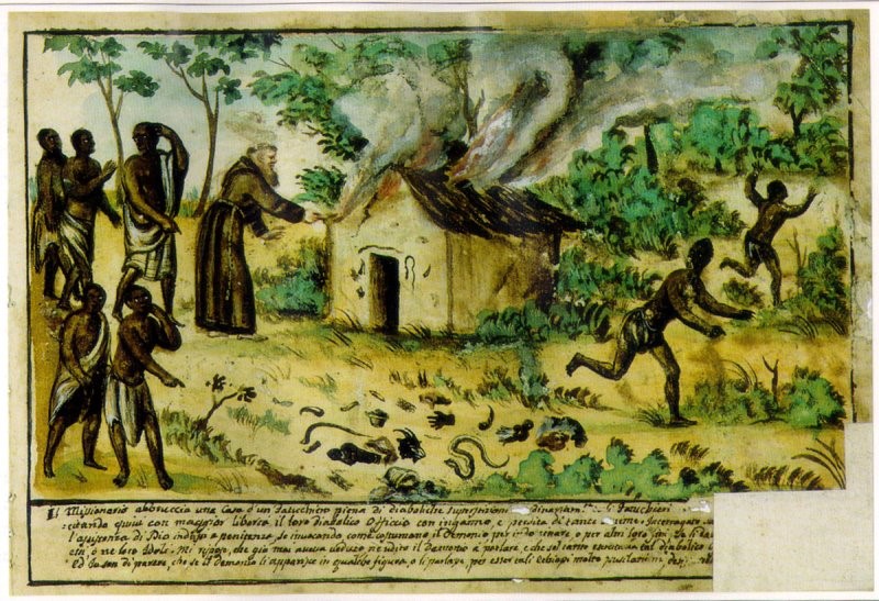 A Catholic Missionary circa 1740, Kingdom of Kongo, burning down the house of local “Nganga” / Shaman (Spiritualist)