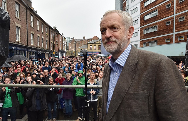 Labour leadership candidate Jeremy Corbyn speaks outside the Tyne Theatre and Opera House, Newcastle, during his campaign.