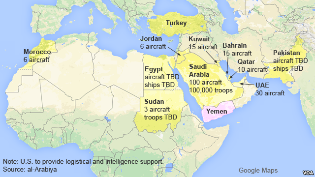 Countries taking part in the Saudi-Led military intervention in Yemen.